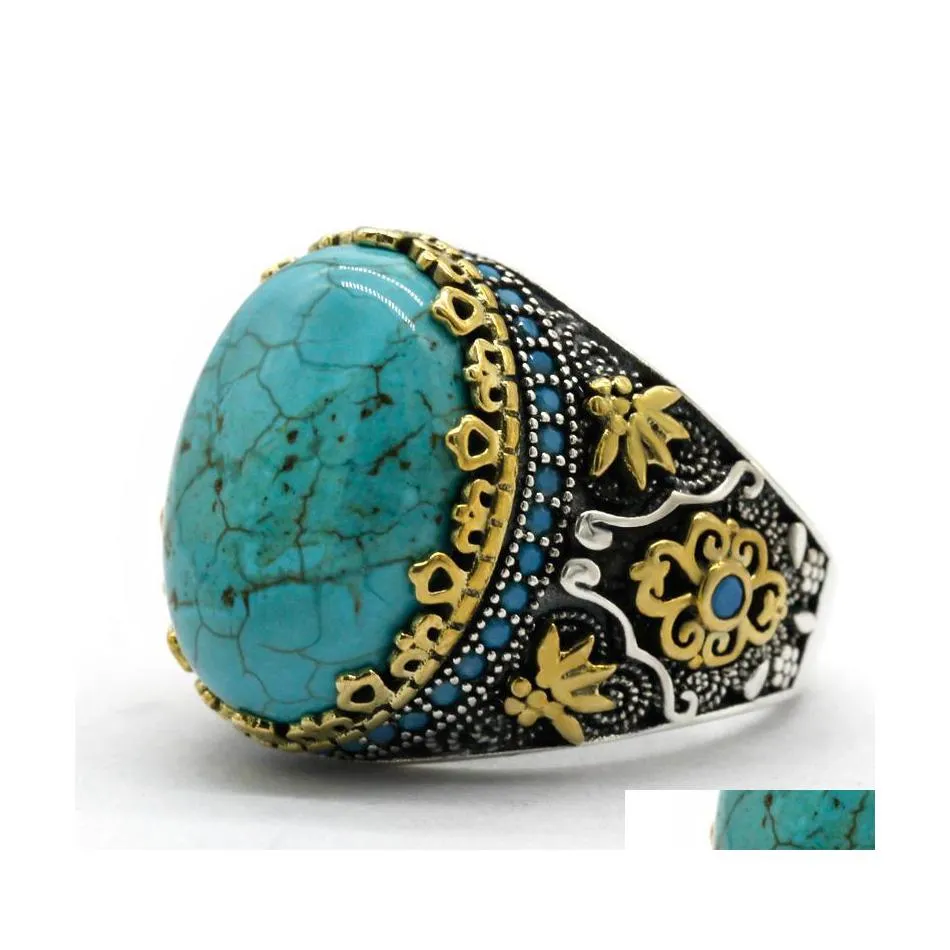 Pierścienie klastra marka 925 Sterling Sier Mens Natural Turquoise Ring Vintage Design z niebieskim CZ CZ Punk Rock Male T Drop dostarczenie J DHK9Y