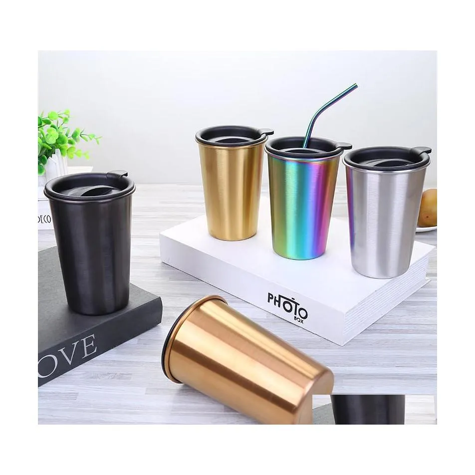 Mugs Stainless Steel 500Ml Travel Cup Tumbler Wine Mug Coffee Beer Sts Lids Vacuum Straight Drop Delivery Home Garden Kitchen Dining Dhddm