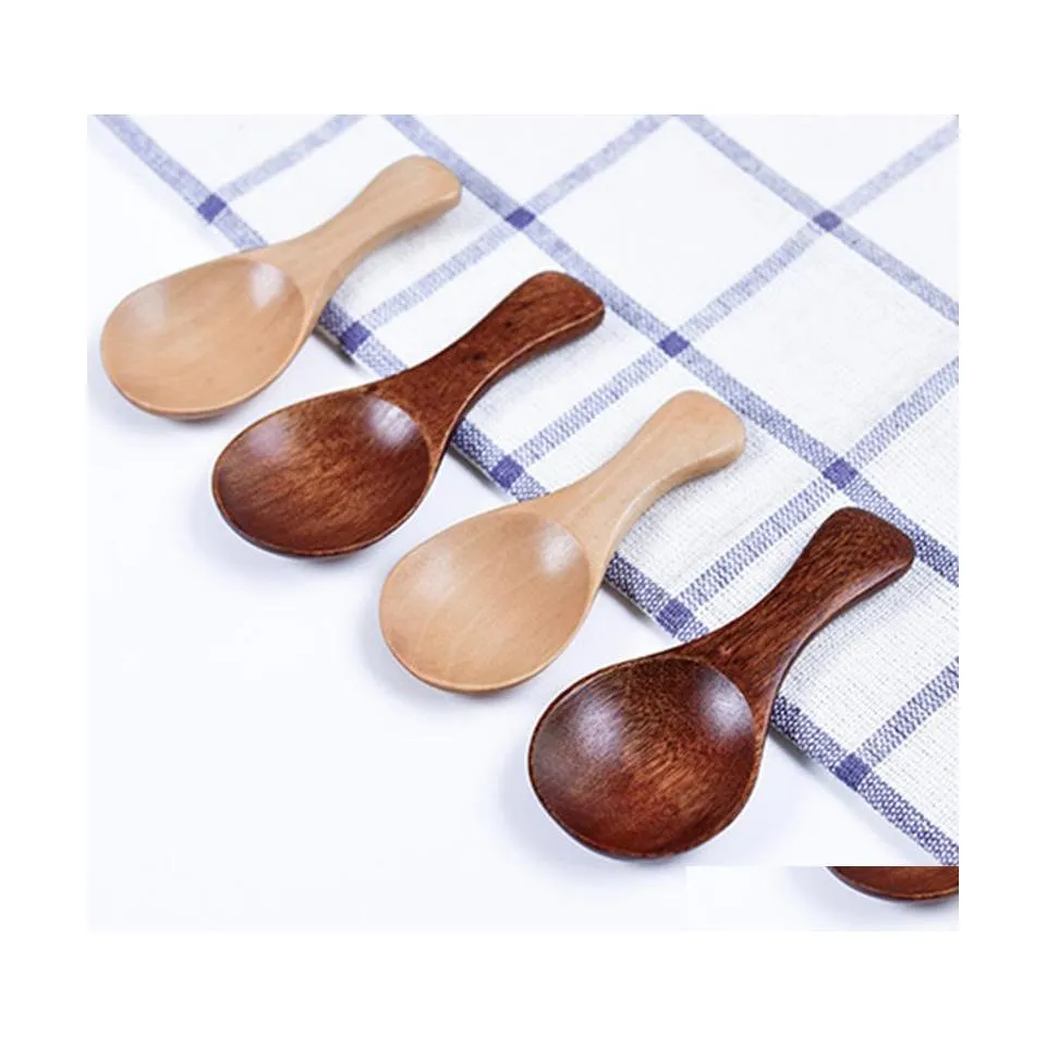 Spoons Mini Wooden Solid Wood Connts Salt Spice Spoon Honey Teaspoon Sugar Coffee Tea Jam Mustard Ice Cream Kids Short Handle Scoop Dh9P7