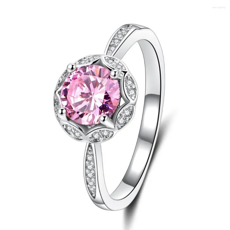 Anneaux de mariage Mode Luxe Femmes Engagement Bijoux Cz Cristal Zircon Femelle Doigt Fleur Rose Rouge Violet