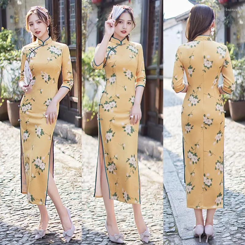 Roupas étnicas Autumn inverno novidade camurça qipao plus size mulheres imprimem chinês cheongsam vestido s-4xl sexy slim long oriental vestidos orientais