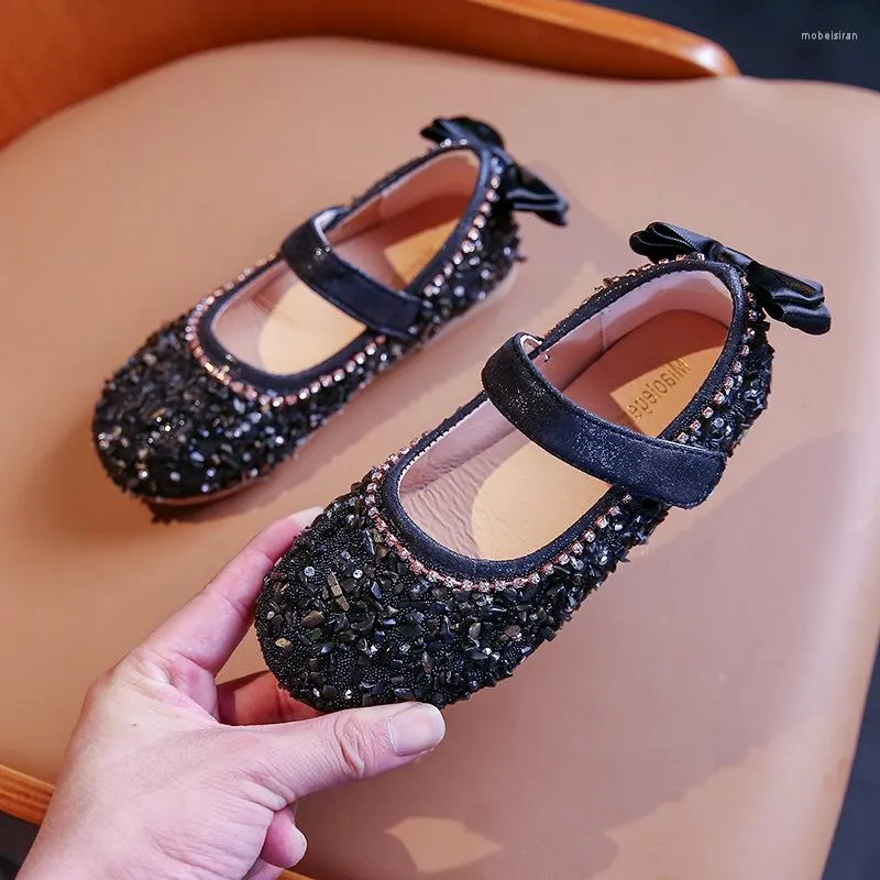 Chaussures plates en cuir avec strass pour enfants de 1 à 12 ans, chaussures de fête avec nœud à la mode, princesse, pour bébés filles, pour écoliers