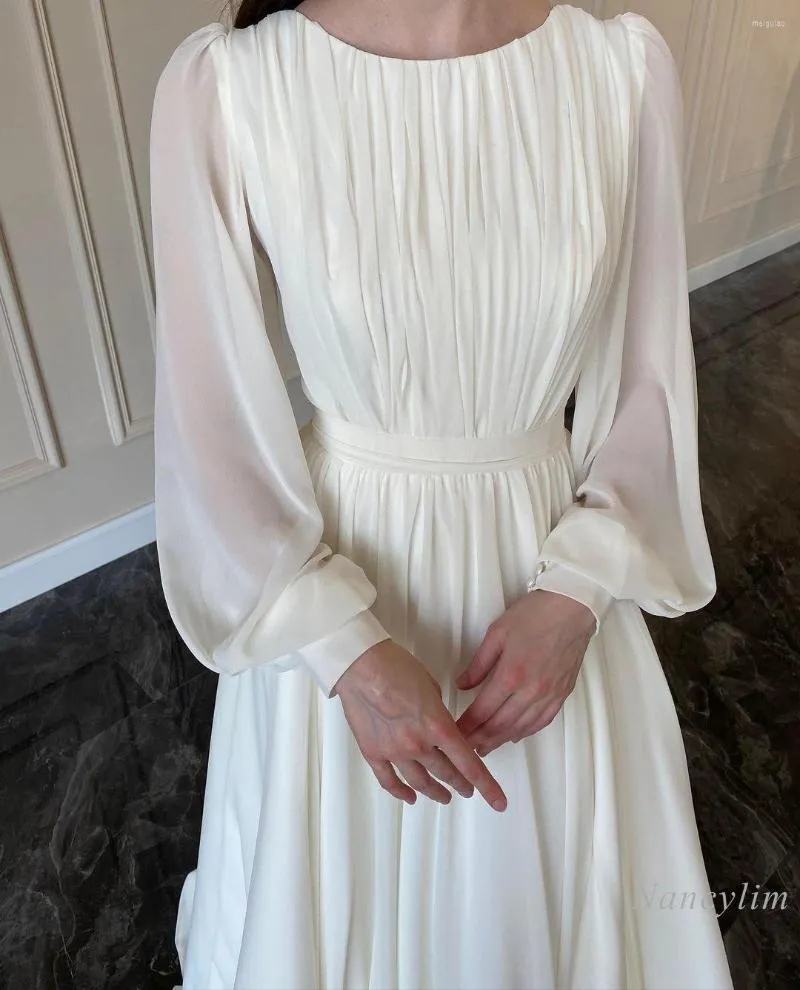 Повседневные платья Длинное белое платье для женского рукава с фонарином круглое шея высокая талия макси свадебная вечеринка vestidos 2023 Весеннее лето