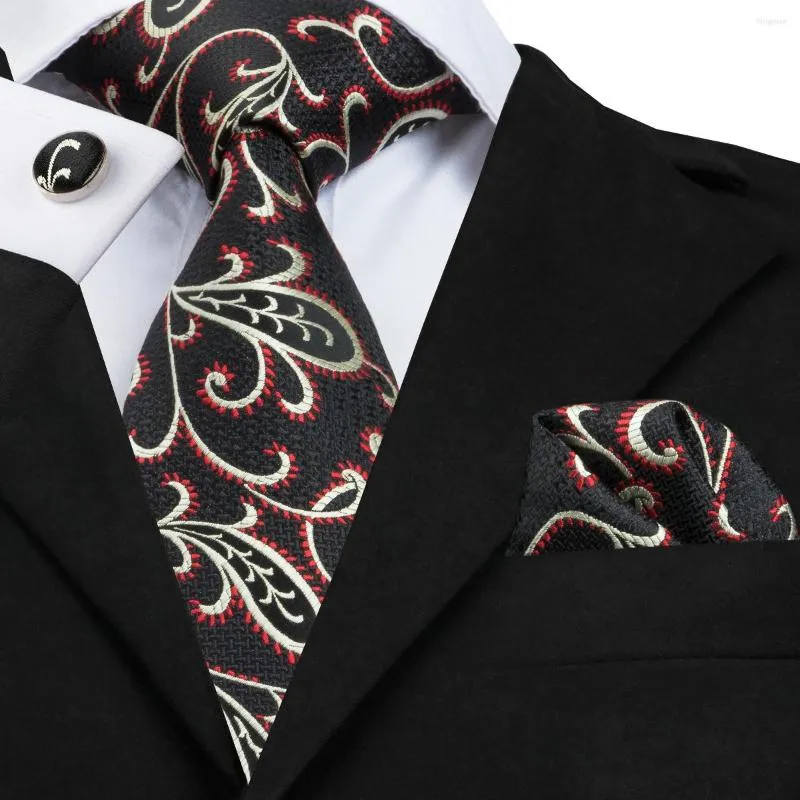 Bow Ties SN-1671 Hi-Tie Classic Black Floral Tie Set för män handgjorda silke jacquard vävda slips ficka torg manschettknappar till försäljning