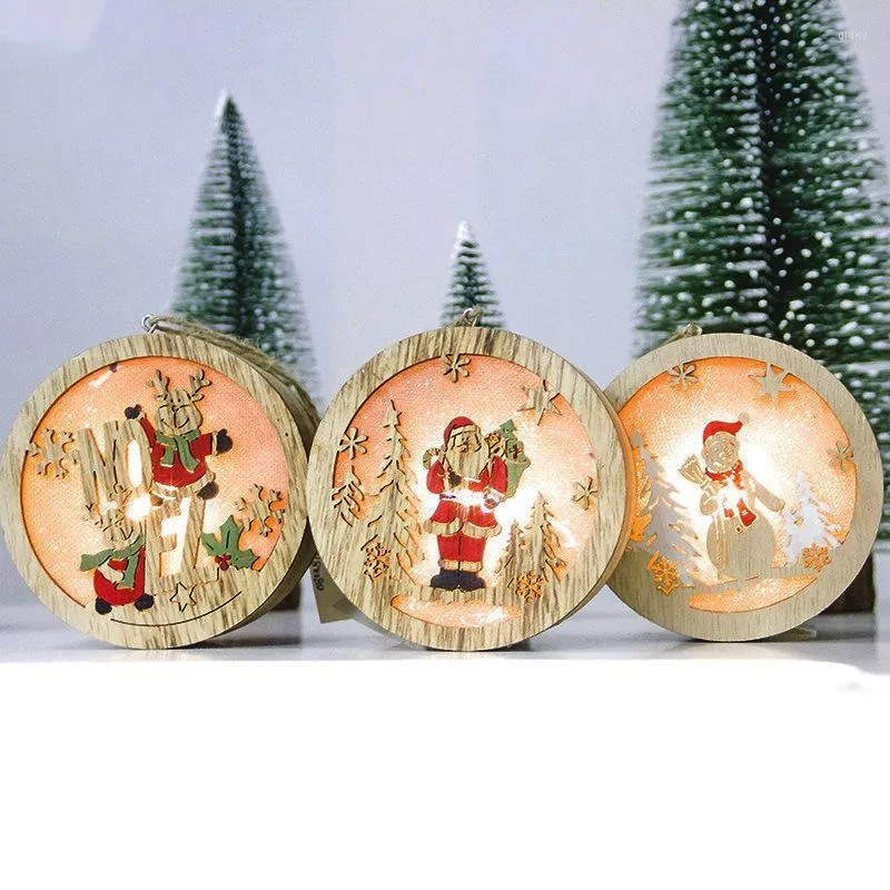 Kerstdecoraties Kerstmis Ronde Santa Claus Ornamenten Accessoires LED LICHT Hangende Decor Boom Wood Luminous Decoratie