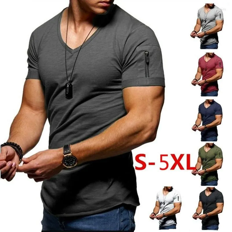 Herr t-skjortor 2023 mode trend fritid smal kortärmad t-shirt arm dragkedja v-hals män fitness hip hop stort