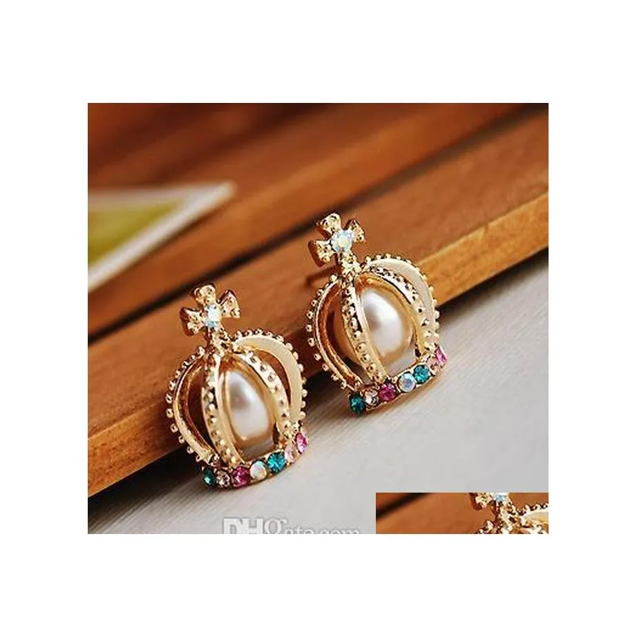 Stud Ladys Accessoires For Women Fashion Jewelry Refined Colorf Rhinone Golden Crown Pearl Princess oorbellen Drop levering DHJ4X