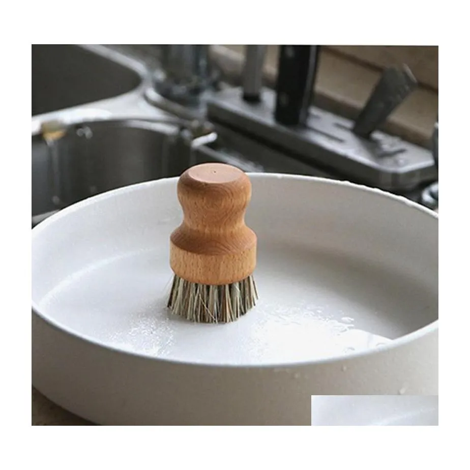 Other Kitchen Dining Bar Palm Pot Wash Brush Wooden Round Mini Dish Natural Scrub Durable Scrubber Short Handle Cleaning Dishes K Dhdb2