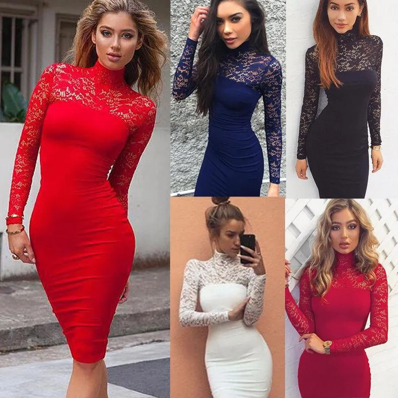 Casual Dresses Sexy Women Lace Dress Long Sleeve Womens Skinny Turtleneck Woman Clothes Bodycon Female Solid Short Mini