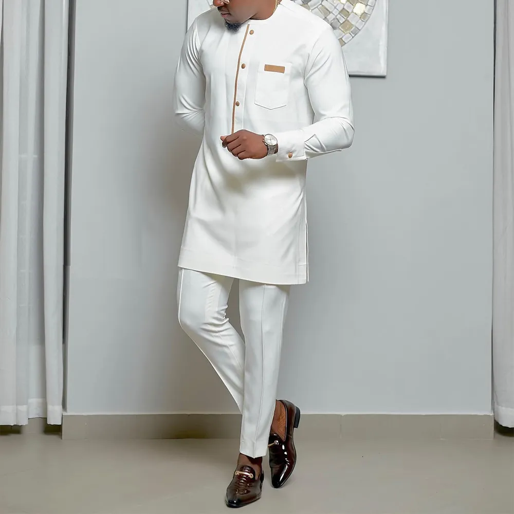 Survêtements pour hommes Kaftan blanc 2 pièces ensembles costume pour hommes bouton col rond poches haut à manches longues et pantalon de mariage style ethnique tenue vêtements 230114