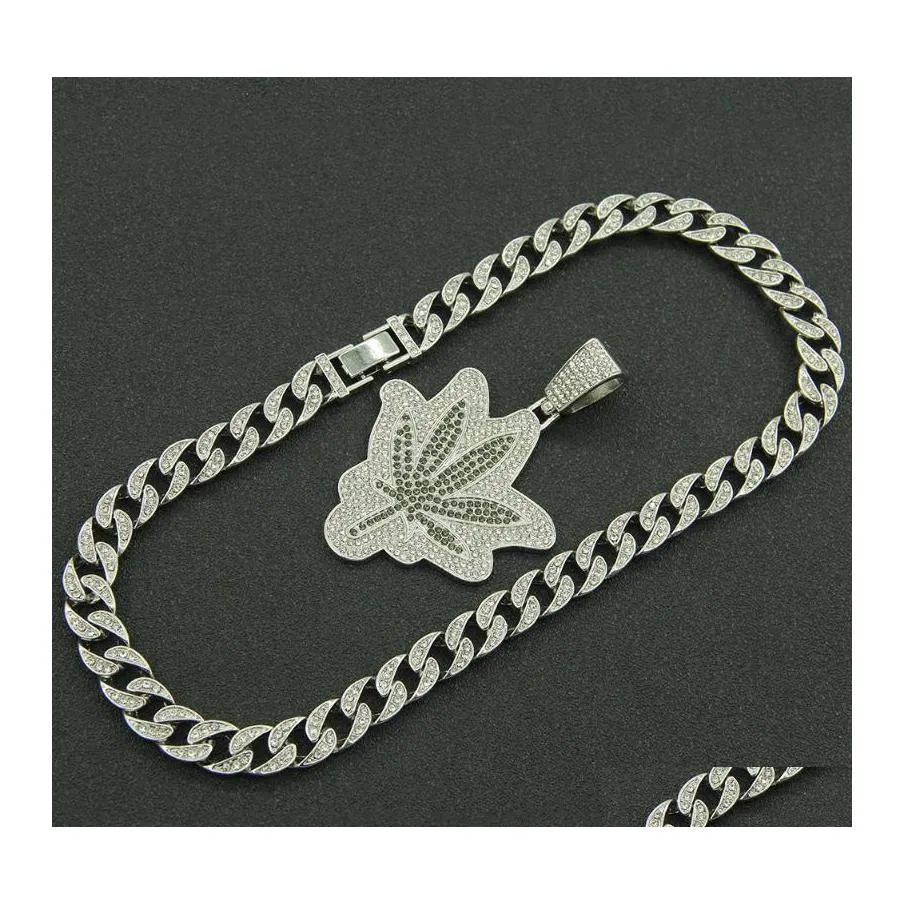 Hänghalsband Hip Hop isad ut kubanska kedjor Diamond Leaf Lövverk Mens Gold Chain Charm smycken för män Choker gåva Drop Delivery Otram