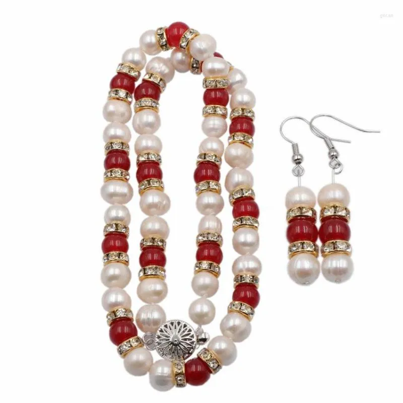 Collana Orecchini Set Eleganti gioielli africani Perle naturali Per le donne Perle Giade Strass Perline Set Regalo di nozze 18 "A761