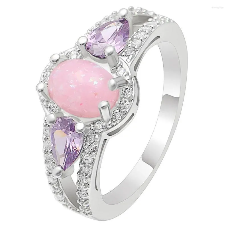 Anneaux de mariage couleur argent ovale blanc rose violet bague opale de feu promesse de fiançailles bijoux anniversaire saint valentin