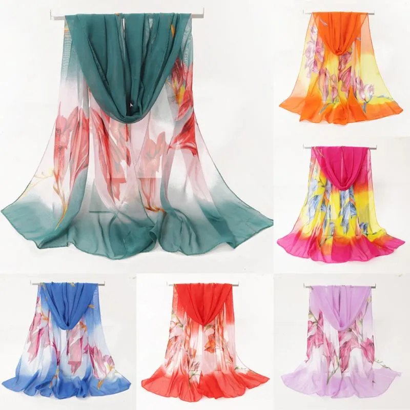 Sciarpe 2023 Vintage Brand Women Sciarpa di chiffon Stampa floreale Autunno Scialli di seta Avvolge Signore Pashmina Beach Stole Hijab Foulard