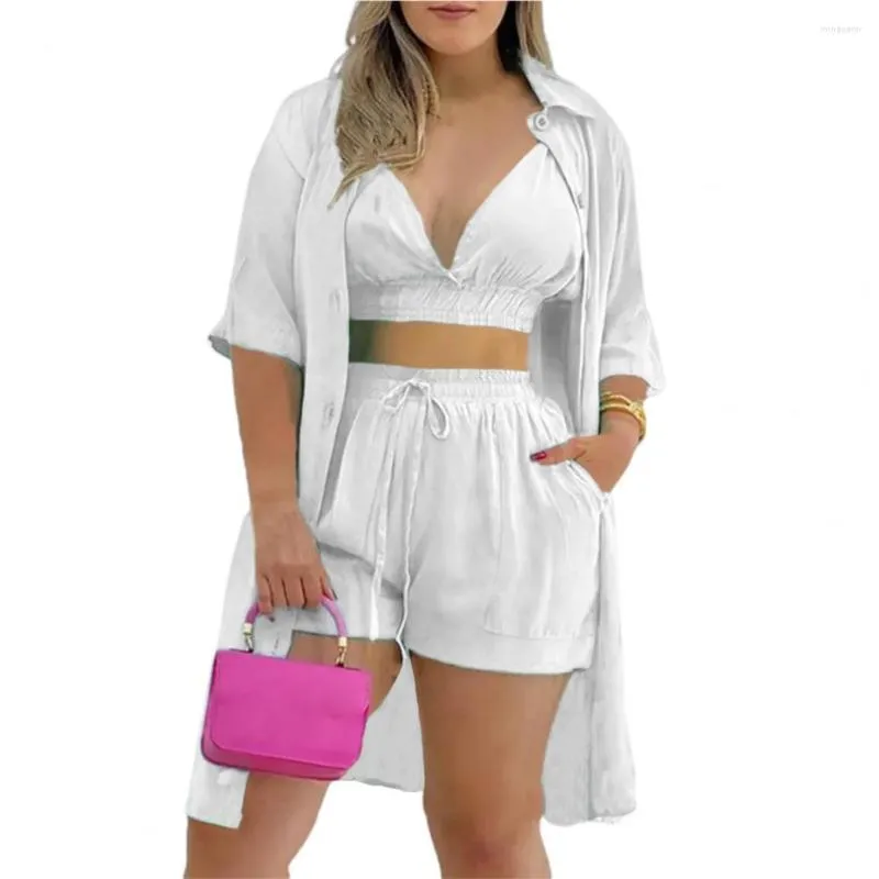 Kvinnors spårningsdräkter ELE-val Kläder Kvinnor Kläder Set Crop Top Coat Shorts Solid Color Lace-Up Summer Single Breasted Pockets Outfit