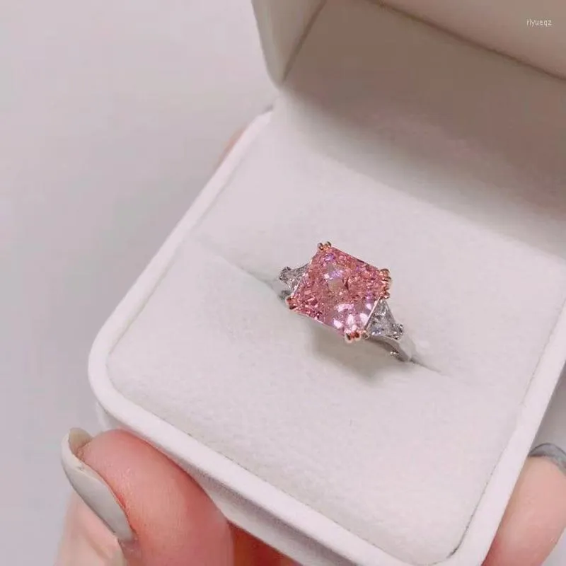Wedding Rings Cute Silver Plated Square Crystal Engagement For Women Pink CZ Stone Inlay Fashion Jewelry Party Gift Ring