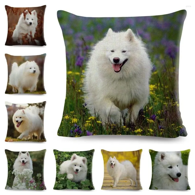 Kudde söt vit hund samoy cover dekor härlig husdjur djurfodral polyester kudde för bil soffa hem 45x45 cm