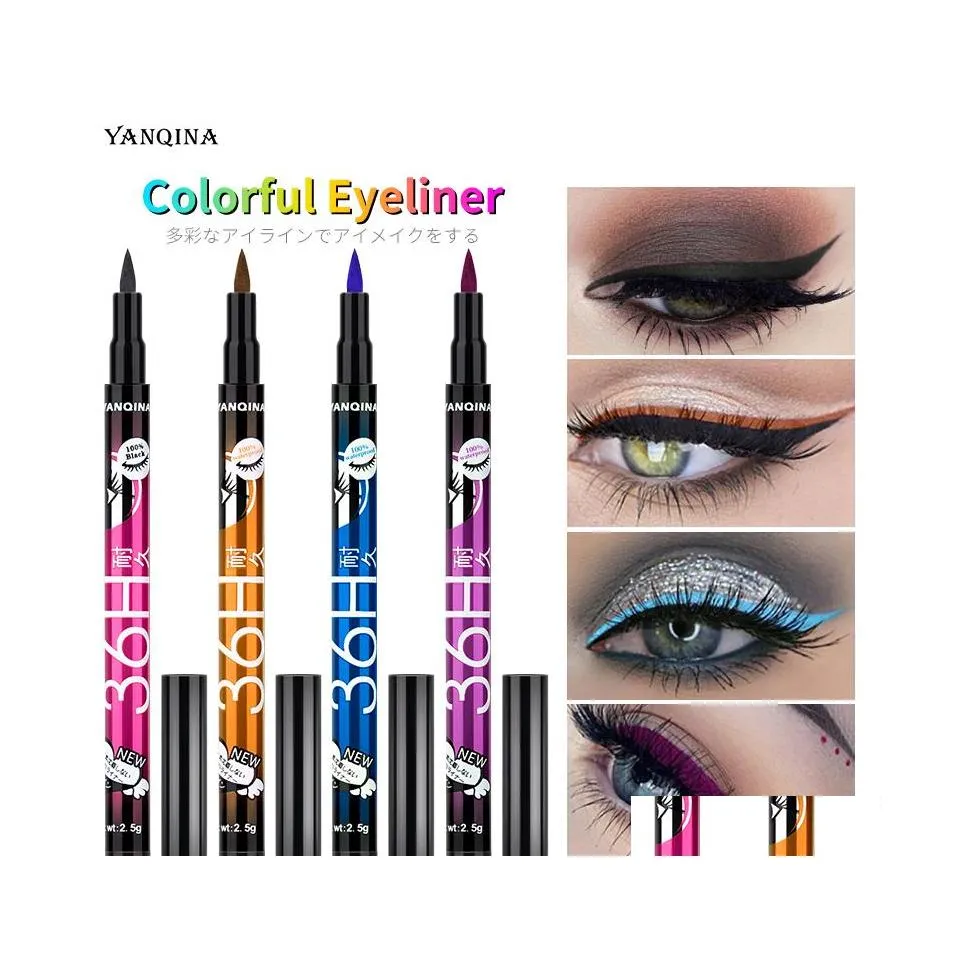 Eyeliner Yanqina 36H Maquiagem Lápis de maquiagem Pen preta à prova d'água sem florescer Linear líquido para olho líquido 12pcs/Drop Drop Drop Health Beauty Dh3ro