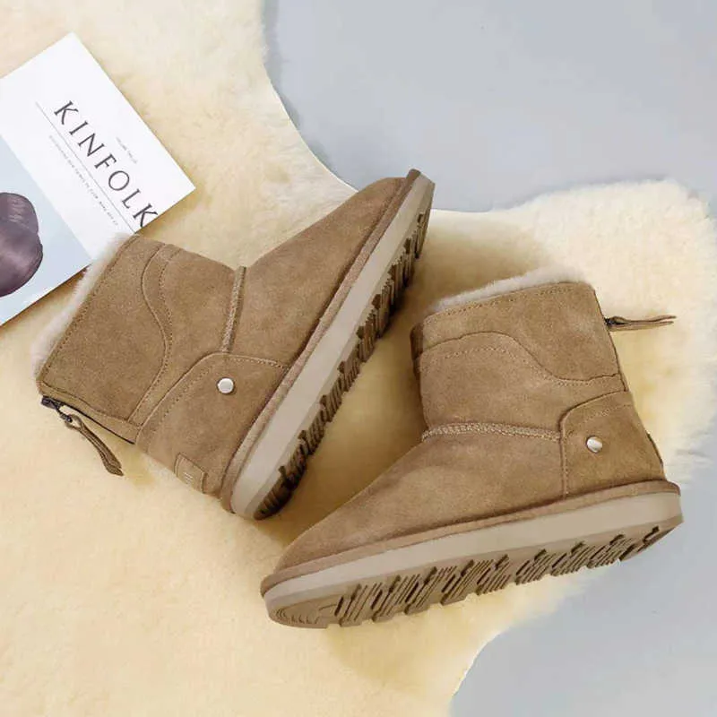 Boots New Sheepskin Suede Leather Women Fashion Casual Winter Snow Natural Sheep Wool Fur Warm Shoes Flat Waterproof Botas Mujer 221215
