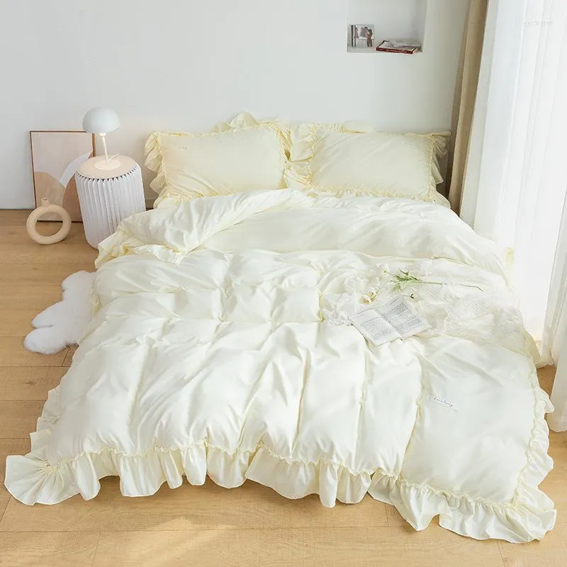 Beddengoed sets Japan bed grootte solide kleuren set voor vrouwen eenvoudige prinsesstijl gegolfd kanten dekbedoverdekje gemonteerd blad 150x200x30cm