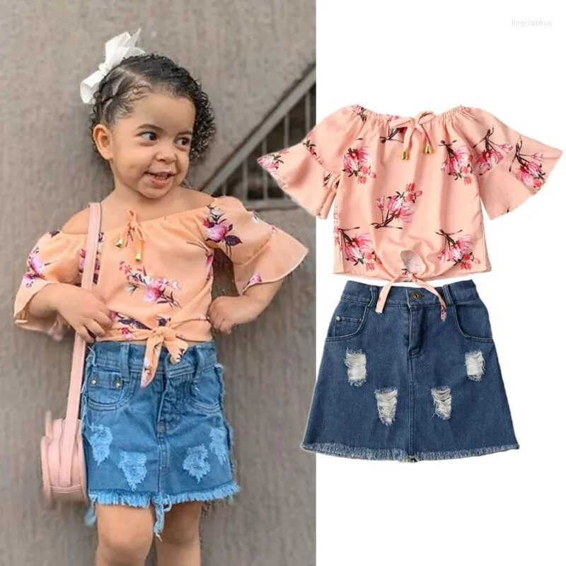 Set di abbigliamento US 2PCS Kid Neonate Off T-shirt strappata con gonna in denim Insieme dell'attrezzatura estiva