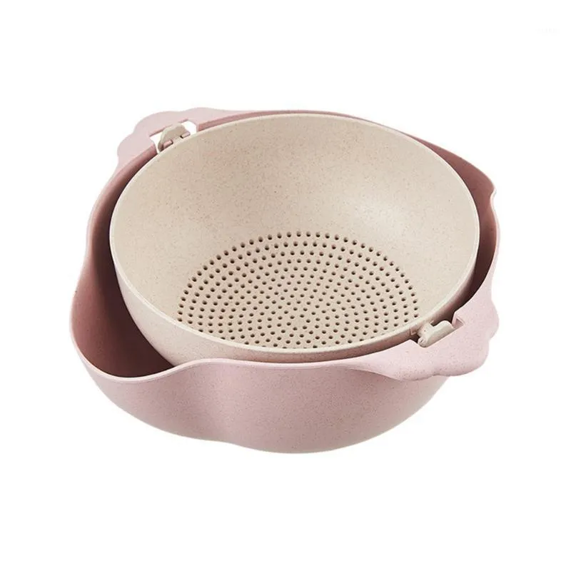 Hanging Baskets Double-layer Drain Basket Multifunction Rice Sieve Rotating Kitchen (Pink)