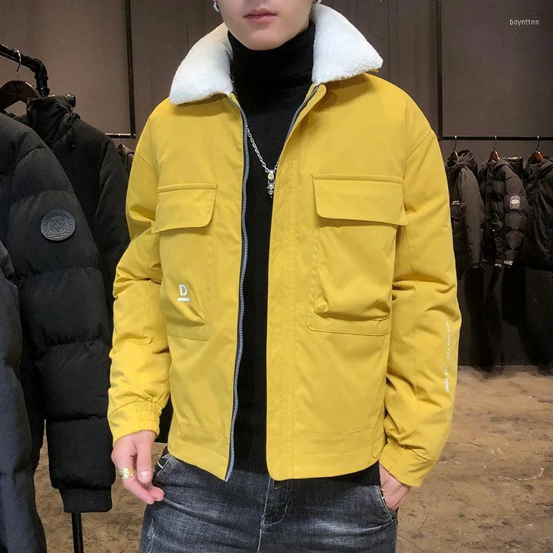 Hommes vers le bas hiver coréen court revers grande taille ample Simple couleur unie tout-match décontracté hommes outillage coton vêtements marée