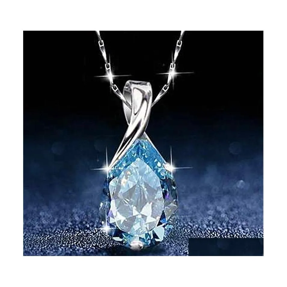 Pendentif Colliers Simple et généreux Blue Crystal Topaz Collier Niche Design Clavicule Chaîne Diamant Pour Petite Amie Anniversaire Drop D Dhvuo