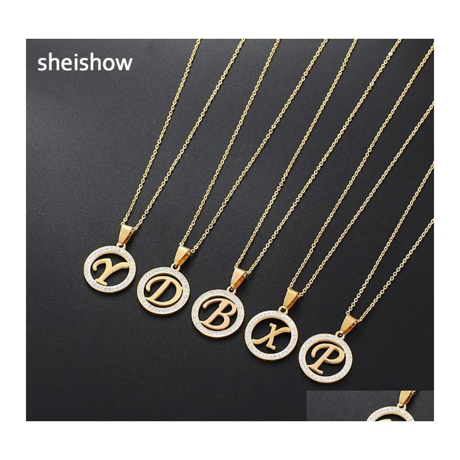 Collane con ciondolo Sheishow Trend Forma geometrica della lettera Acciaio inossidabile Strass Collana lucida per gioielli da donna Moda Clavicola Otaql