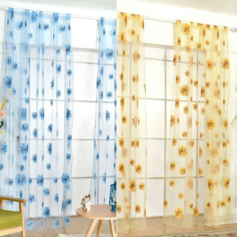 Curtain Sunflower Sheer Tulle Window Interior Valance Door Room Divider Drape Decoration Curtains 1