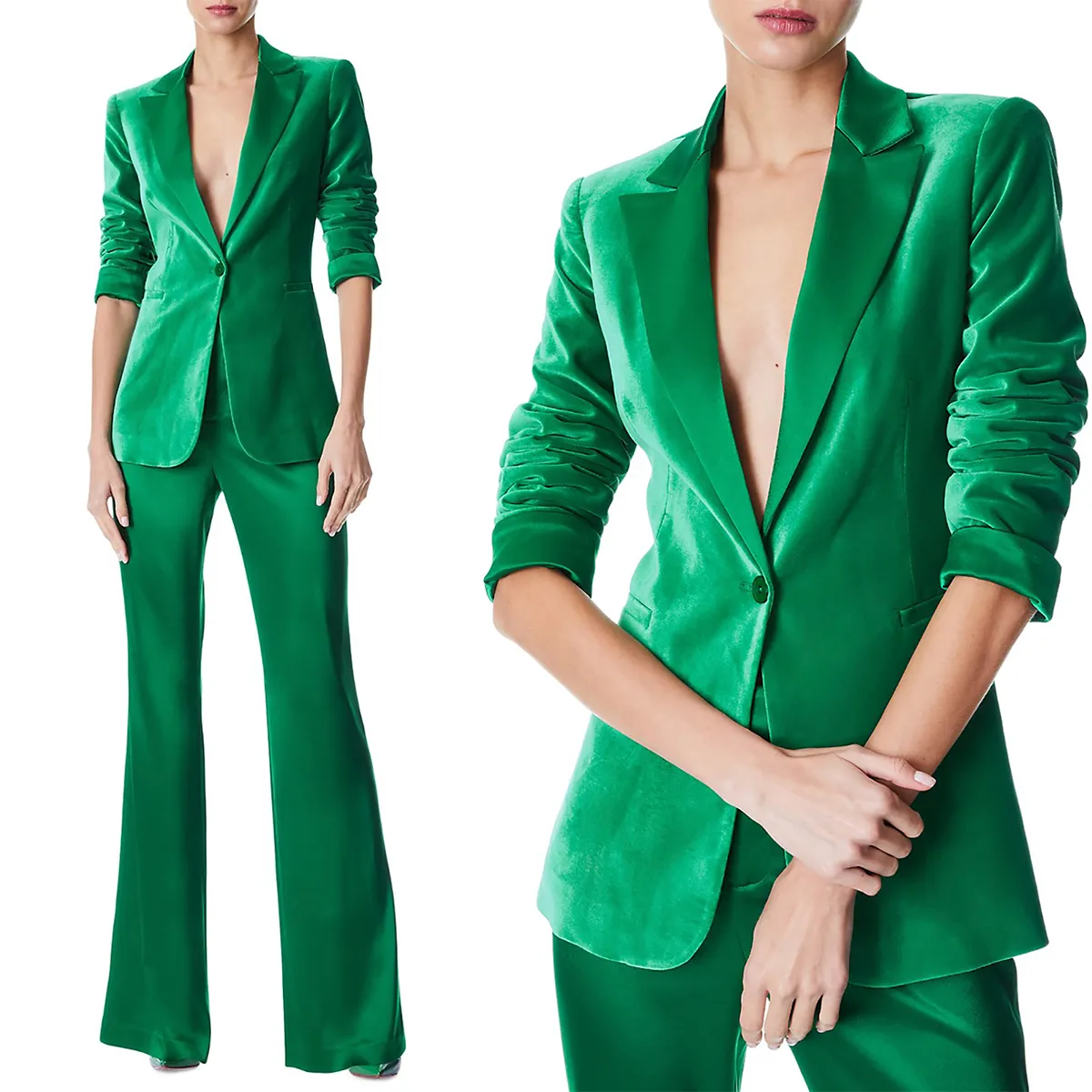 Vårmjuk sammet gröna kvinnor byxor kostymer för bröllopsmor till bruddräkten kvällsfest blazer gäst slitage 2 stycken