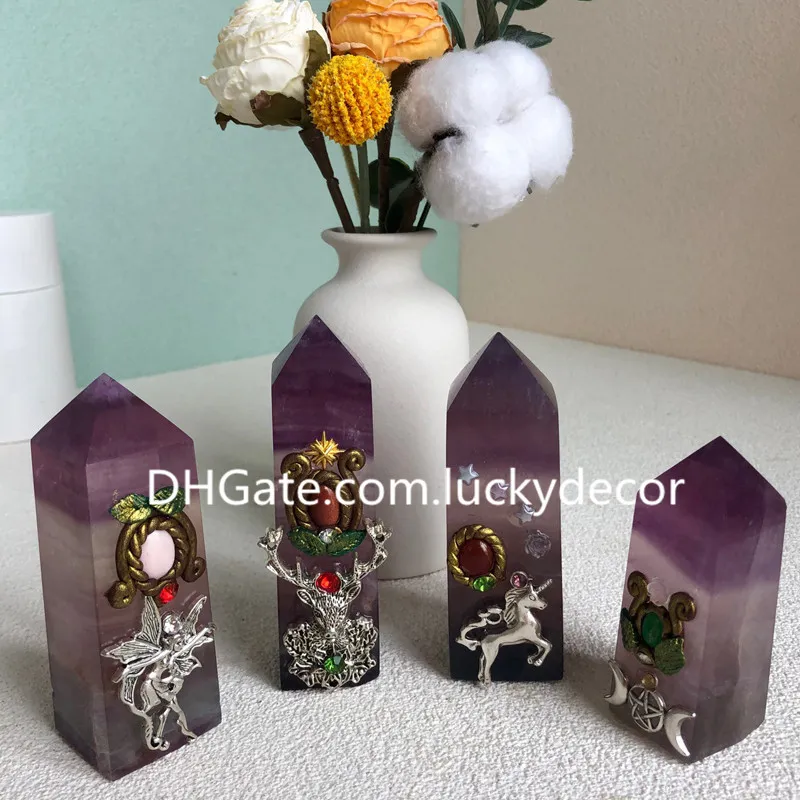 Superficie incrinata Fluorite Tower Point Arti e mestieri Fatti a mano Fata Unicorno Testa di cervo Tripla luna Pentacolo Guarigione Cristallo Obelisco Meditazione Reiki Altare Decor