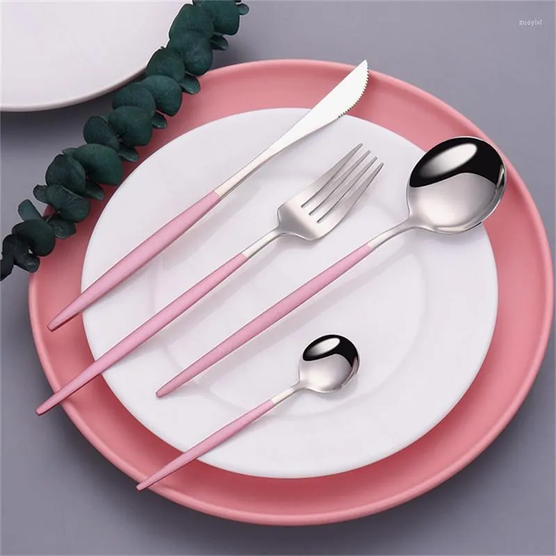 Dinnerware Sets Pink Silver Cutlery Set Stainless Steel Western Fork Spoon Knive 4Pcs Kitchen Tableware Eco Friendly Flatware