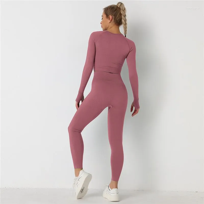 Kvinnors leggings 2st Seamless Yoga Set Workout Outfits Lång ärm med hög midja Fitnesskläder för kvinnor Sportkläder Gym sportdräkt