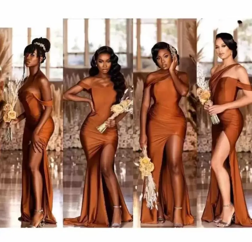 Elegant Brown Mermaid Long Bridesmaid Dresses Plus Size Off Shoulder Neck Split Ruched Sweep Train Maid of Honor Gowns Wedding Guest Wear