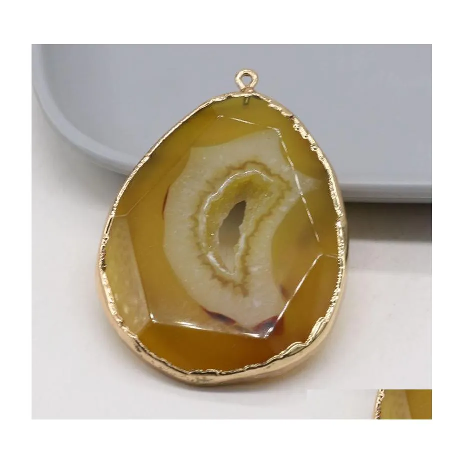 Charms Natural Semiprecious Stone Pendant Yellow Agate Gilded Edge 40x50mm Diy Sieraden maken Ketting Bracelet Giftcharms Drop Deli Otixp