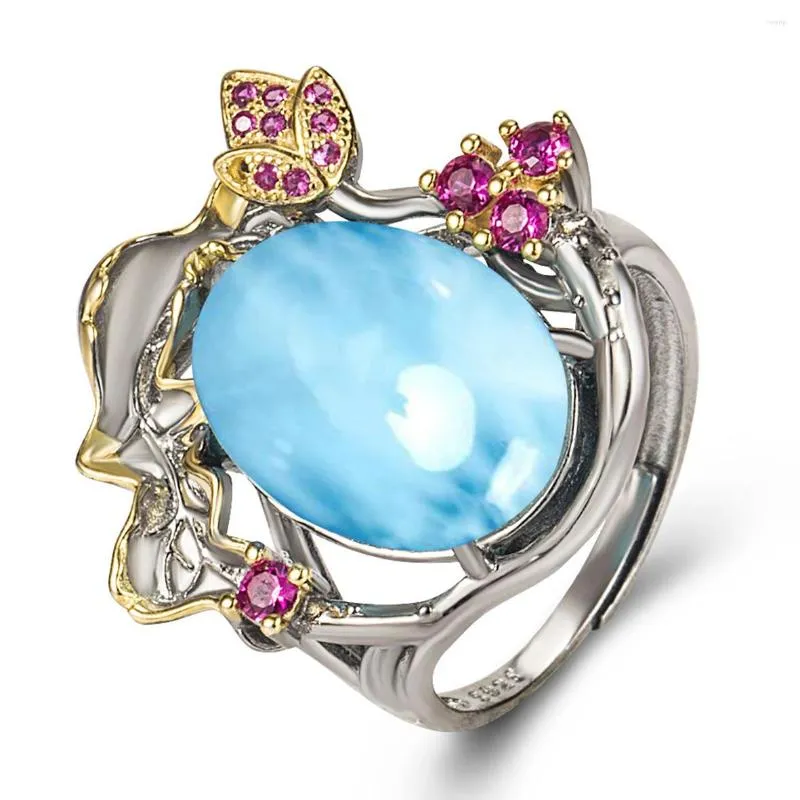 Cluster Rings Resizable 925 Sterling Silver With Two Tone 14K Yellow Gold Plated Natural Larimar Flower For Women Gift