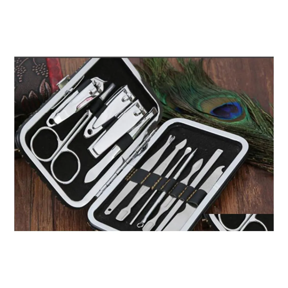 Set manicure per unghie in acciaio inossidabile di alta qualità 12 pezzi Pedicure / tagliaunghie per la cura delle unghie Kit per la cura delle cuticole con custodia in pelle Dhdou