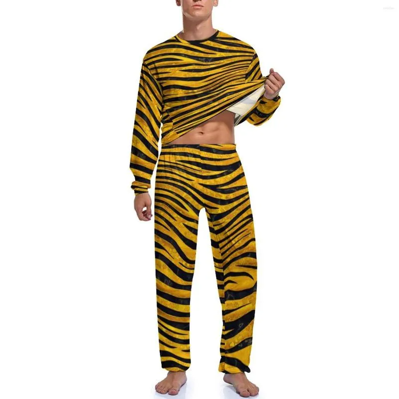 Luxurious Mens Tiger Fur Print Pajama Set Gold Clusters Long Sleeve Romantic 2 Piece Spring Graphic Gift