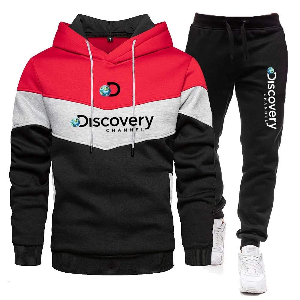 Mens Rastreos Discovery canal Men Hoodies moletomsweatpants de capa de outono de inverno sports sports conjuntos de retalhos de retalhos de jaqueta de pulôver masculina 230114