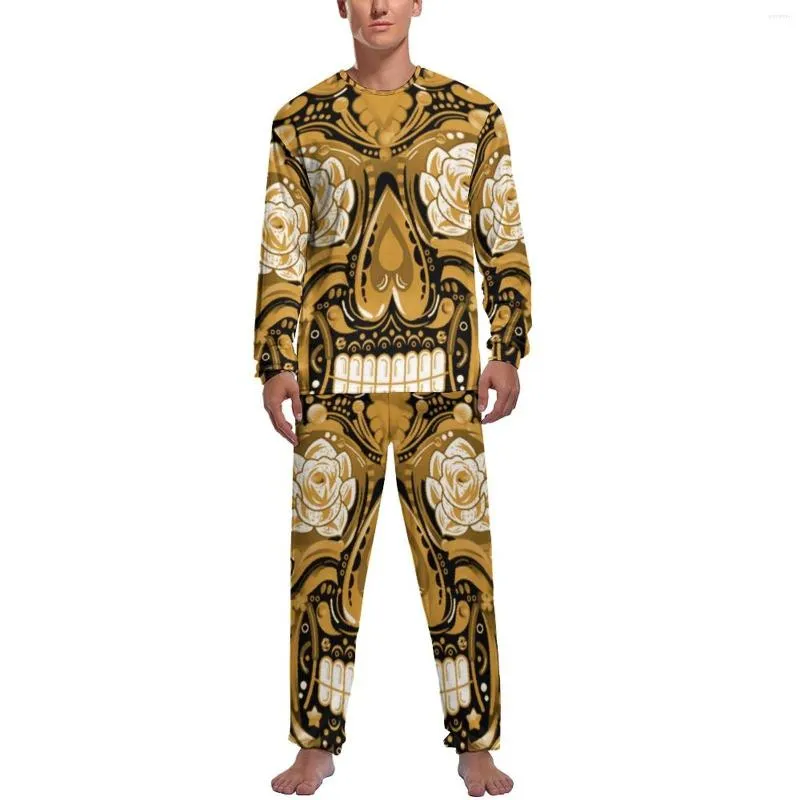 Vêtements de nuit pour hommes Bronze Steampunk Pyjamas Homme Sucre Crâne Imprimer Élégant Maison Costume D'hiver À Manches Longues 2 Pièces Chambre Imprimé Ensemble