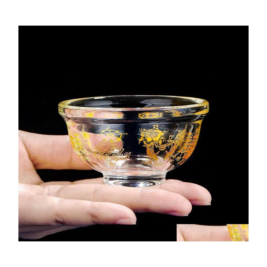 Bowls Crystal Eight Auspicious Small Water Bowl For Tibetan Buddhism Creative Transparent Tea Cup Heat Resistant Teacups Drinkware D Dh2Xb