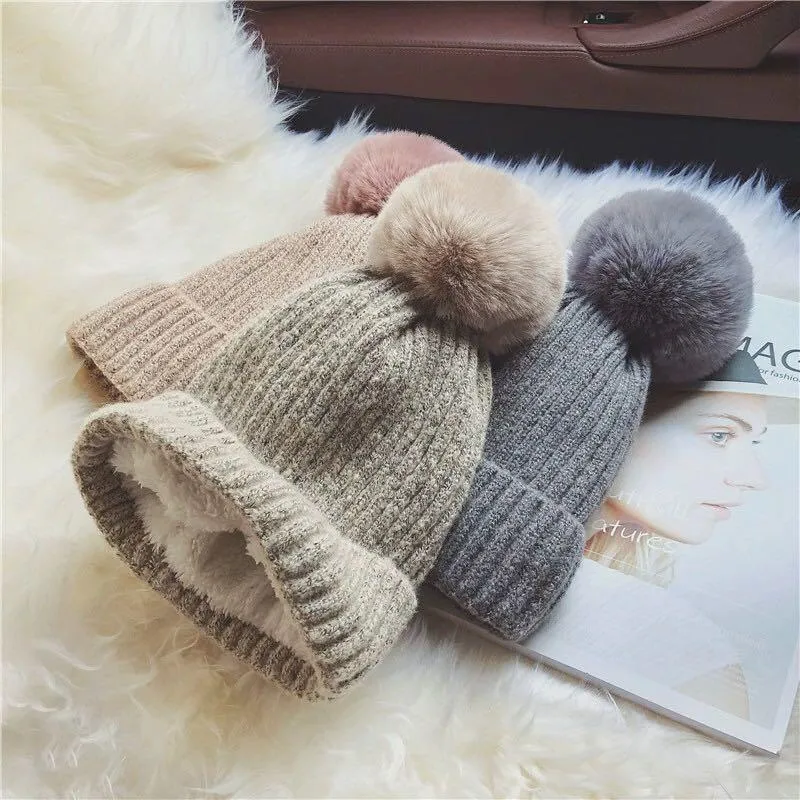 Caps de bola Bygouby Autumn Winter Warm Women Hat Hat Ladythread Knit e Feanie Chapeau com nervuras de peles