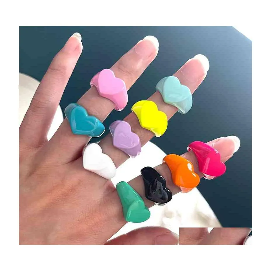 Charm Bracelets 10Pcs High Quality Oil Drip Heart Shape Open Cute Colorf Enamel Simple Adjustable Cuff Statement Ring Jewelry Drop De Dhey9