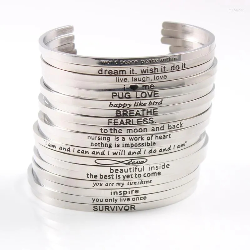 Bangle rostfritt stål graverat positivt inspirerande citat Öppet manschettmantra armband för kvinnliga gåvor