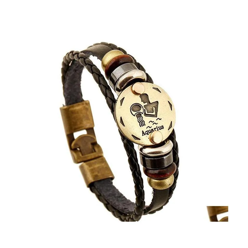 Pulseras con dijes 12 Constelaciones Pulsera Joyería de moda Cuero Hombres Personalidad informal Signos del zodiaco Punk Drop Delivery Dhy0X