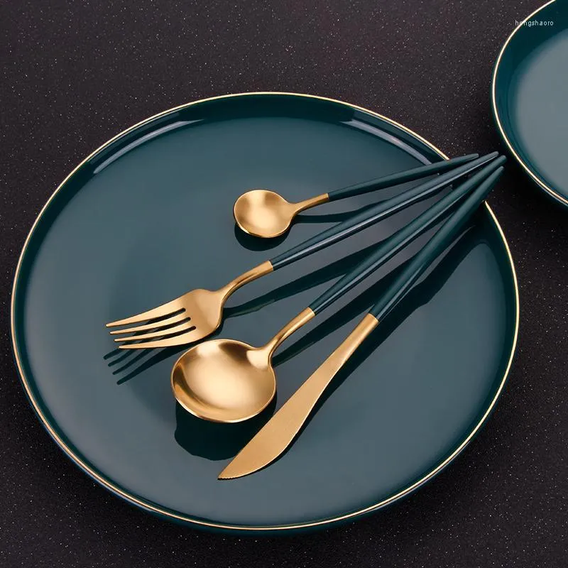 Dinnerware Sets Fork Spoon Knife Set Green Gold Stainless Steel Travel Cutlery Dinner Portable Tableware Silverware Drop