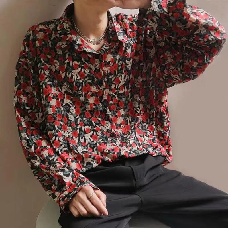 Men's Casual Shirts Vintage Style Rose Printing Long Sleeve Chiffon Floral Printed Loose Fashion Coats Camisa MasculinaMen's