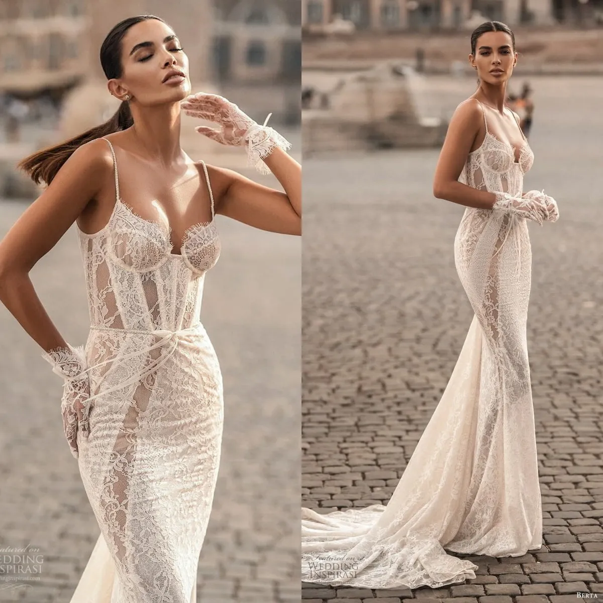 섹시한 Berta 2023 인어 웨딩 드레스 스파게티 넥 전체 레이스 신부 가운 비치 Boho 스윕 기차 Vestido De Novia