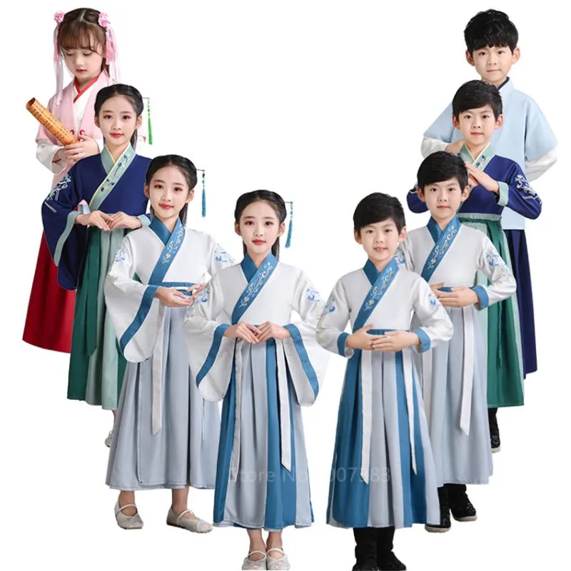 Stage Wear Children Ancient Costume Hanfu Boys Girls Traditional Chinese Folk Dance Clothes Retro Embroidery Dress Performance